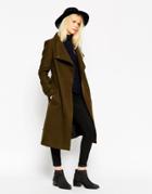Asos Coat With Funnel Neck And Belt In Wool - Khaki