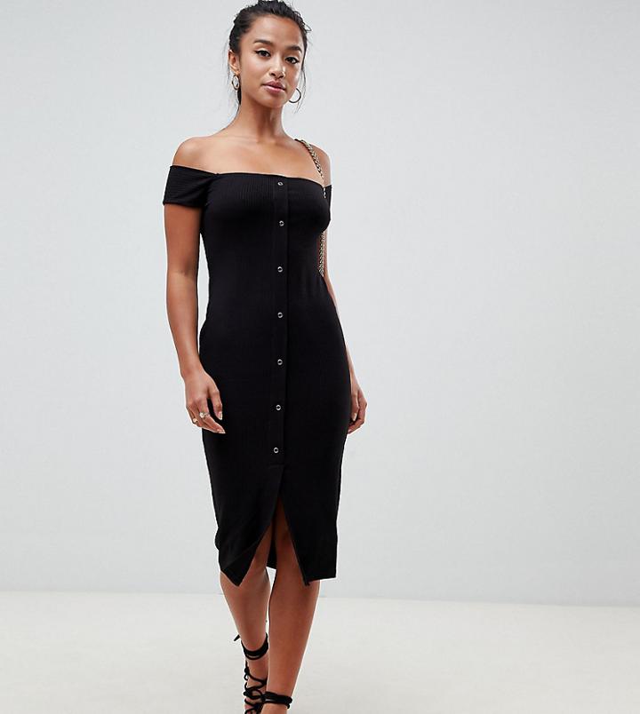Asos Design Petite Off Shoulder Popper Front Midi Dress In Rib - Black