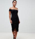 Asos Design Petite Off Shoulder Popper Front Midi Dress In Rib - Black