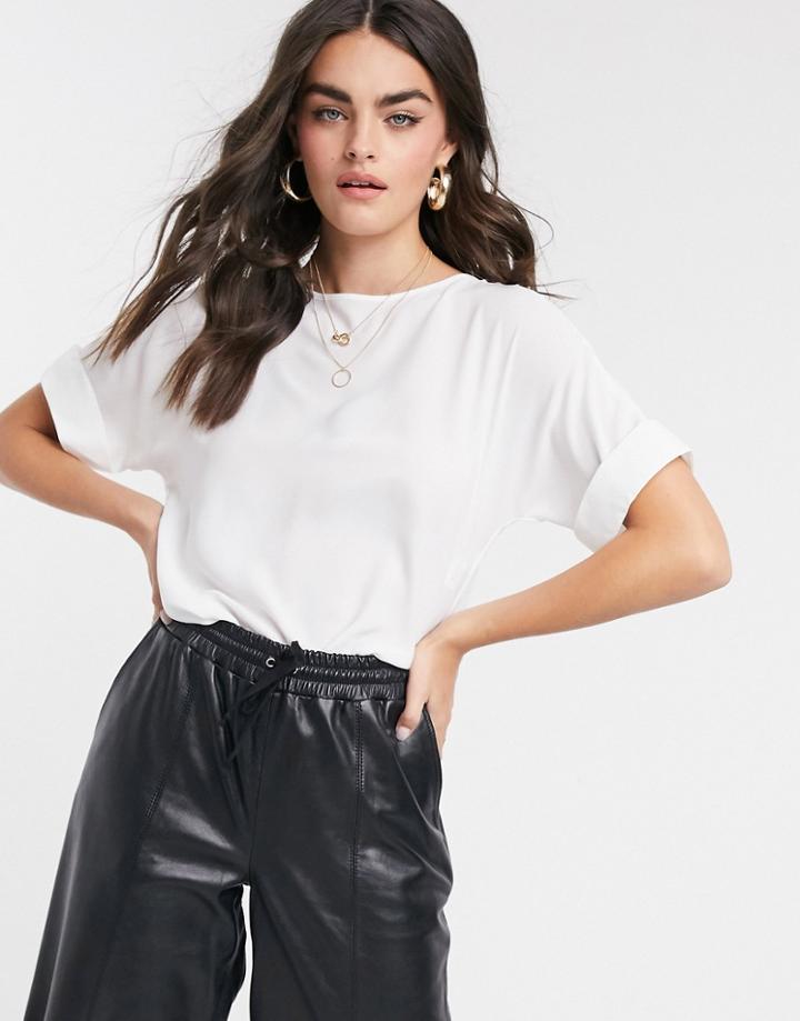 Asos Design Woven Tee With Roll Sleeve In Ivory-white