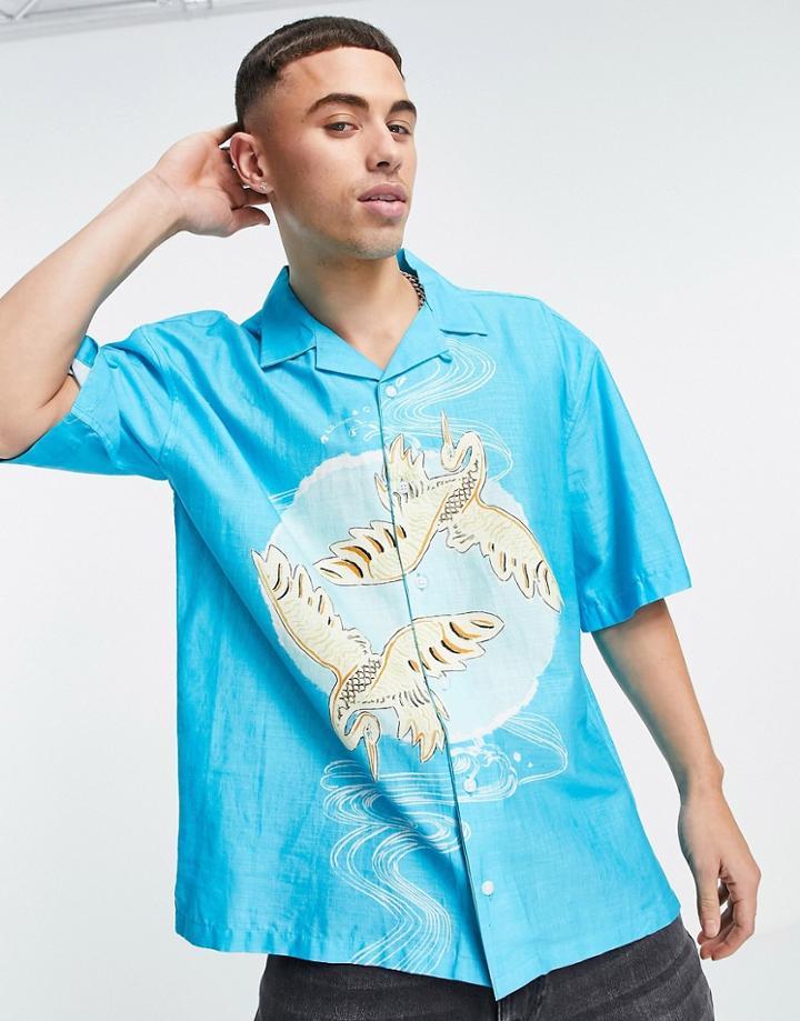 Topman Oversized Short Sleeve Shirt With Heron Print In Blue-blues