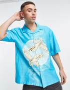 Topman Oversized Short Sleeve Shirt With Heron Print In Blue-blues