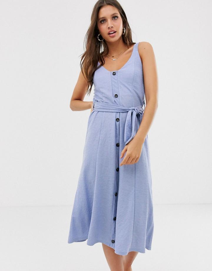 Asos Design Midi Button Through Belted Sundress-blue