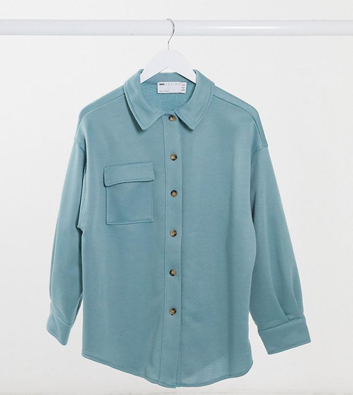 Asos Design Petite Jersey Suit Shacket In Washed Blue