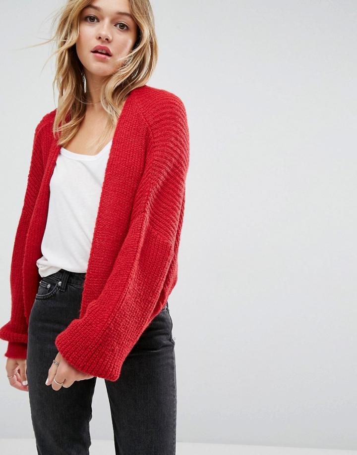 Asos Chunky Cardigan In Fluffy Rib - Red