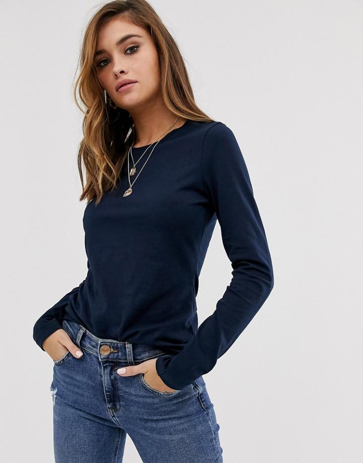 Asos Design Organic Cotton Crew Neck Long Sleeve T-shirt In Navy