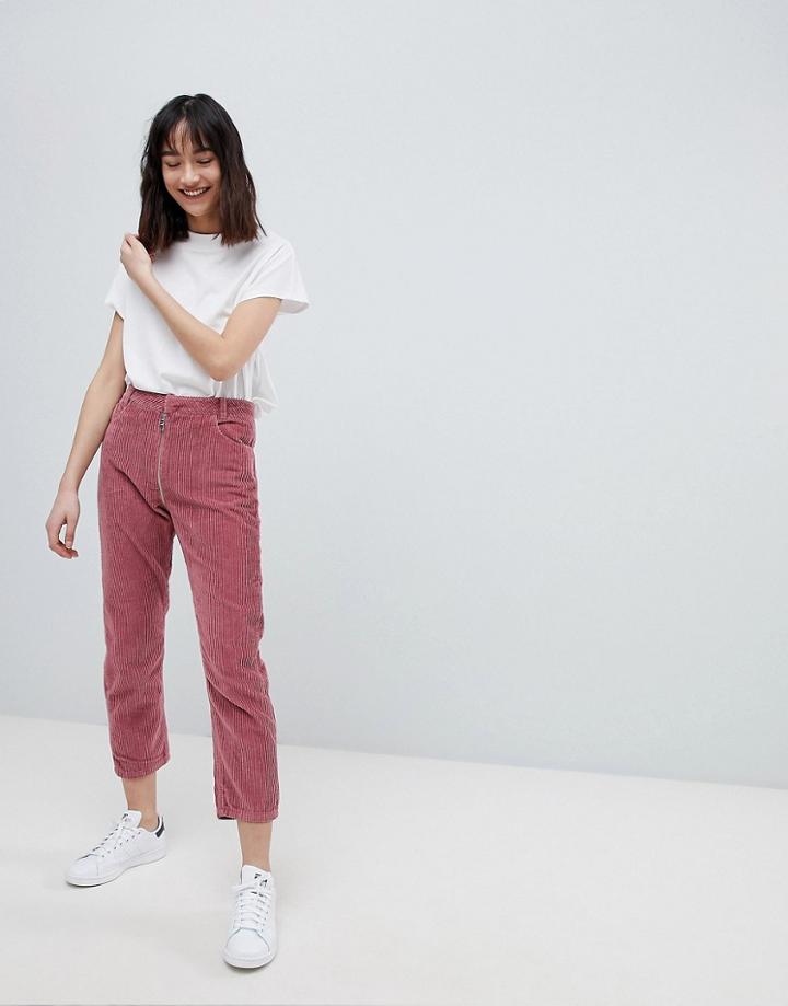 Asos Design High Waist Authentic Straight Leg Jeans With Back Zip Through Rise Detail In Pink Cord - Pink