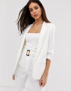 Stradivarius Ruched Sleeved Blazer Two-piece In White - White