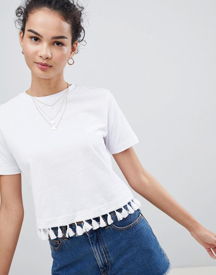 Asos Design Crop T-shirt With Tassel Hem - White