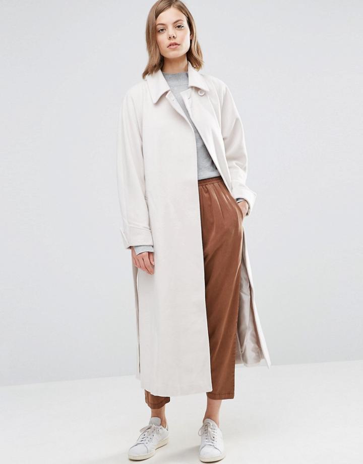 Asos Coat In Midi Swing Trapeze With Belt - Cream