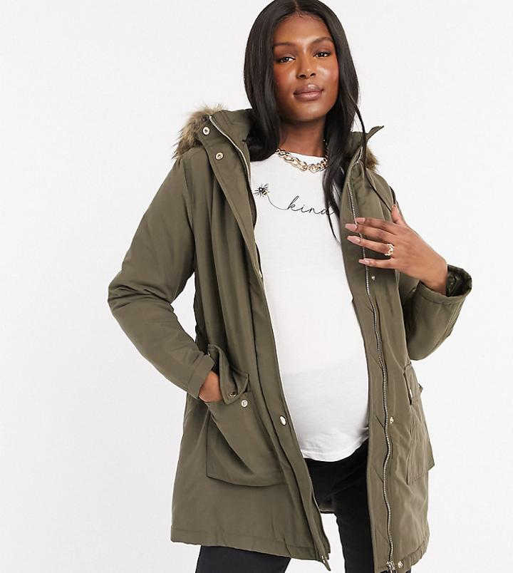 New Look Maternity Longline Parka Jacket In Khaki-black
