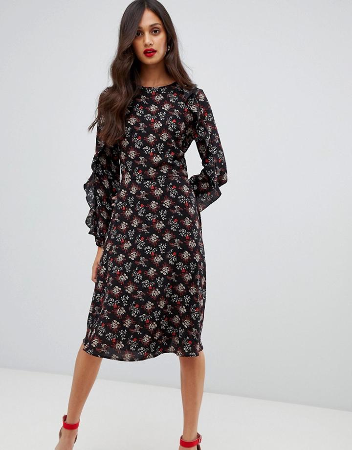Ax Paris Long Sleeve Printed Midi Dress - Black