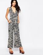 Qed London Printed Wide Leg Jumpsuit - Navy