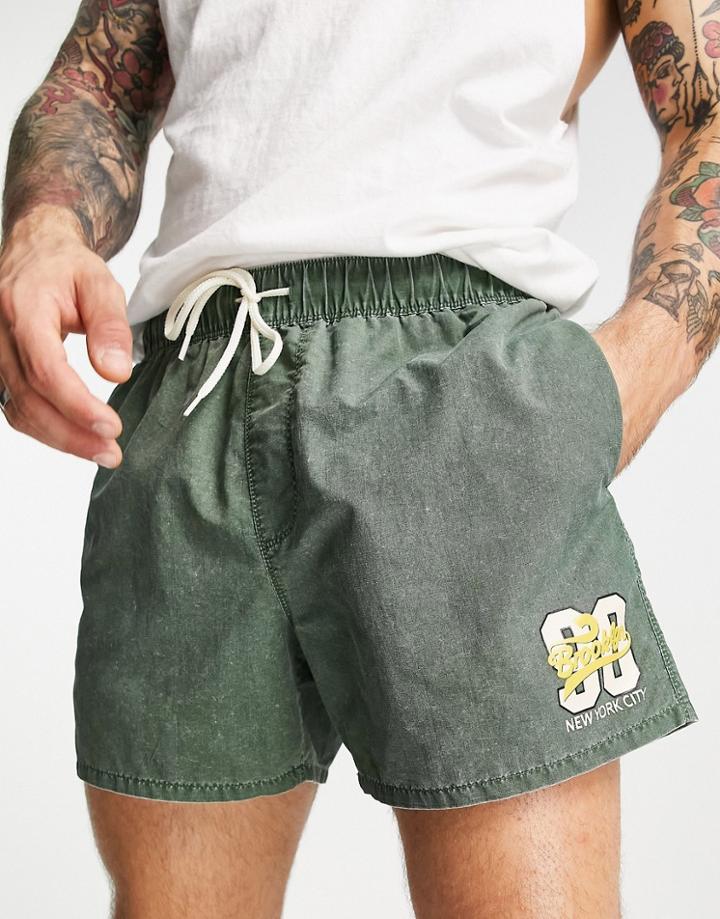 Asos Design Swim Shorts With Acid Wash And Collegiate Print In Short Length-green