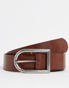 Asos Deisgn Wide Faux Leather Belt With Assymetric Silver Buckle In Brown