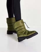 London Rebel Puffer Ankle Boots In Khaki-green