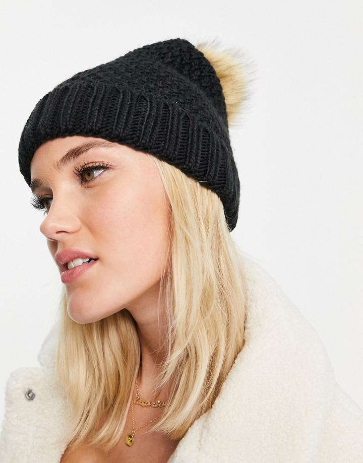 Boardmans Cable Knitted Faux Fur Pom Beanie In Black