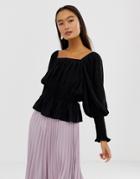 Asos Design Long Sleeve Square Neck Top With Shirred Sleeve Detail - Black