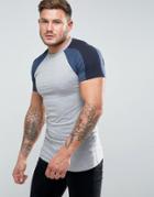 Asos Muscle Fit T-shirt With Double Contrast Raglan In Grey/blue - Gray