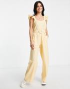 Miss Selfridge Cotton Flax Frill Strap Belted Jumpsuit In Buttermilk-yellow