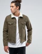 Asos Slim Denim Jacket In Khaki With Fleece Collar - Green