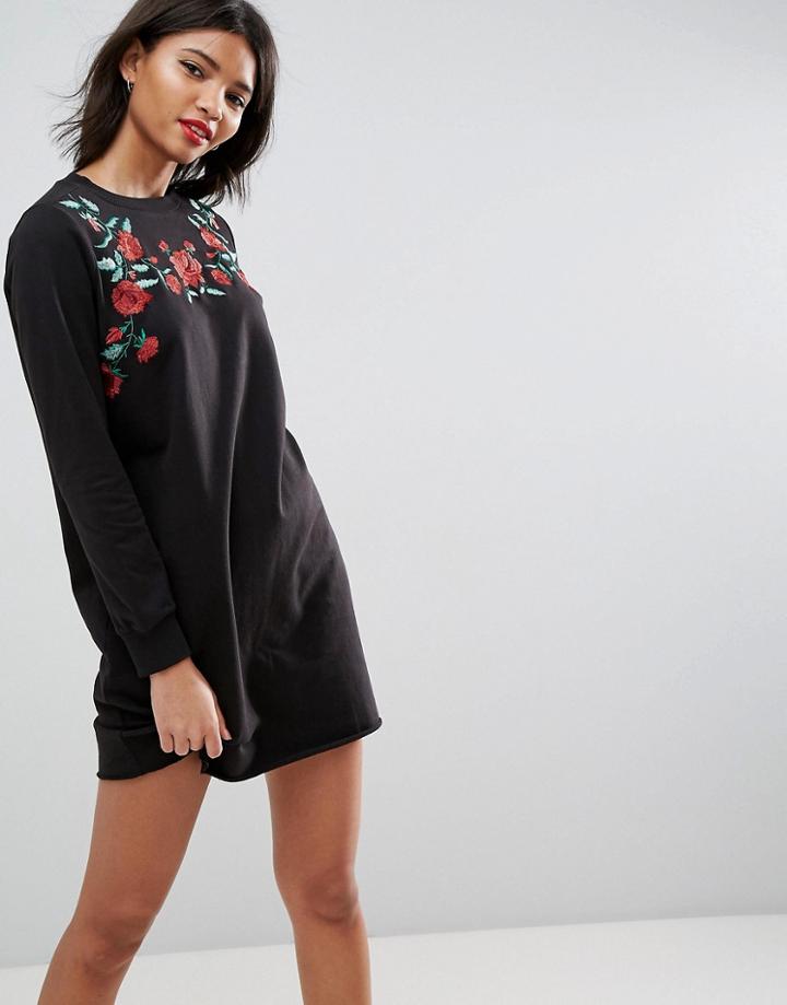 Asos Sweat Dress With Rose Embroidery - Black