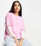 People Tree Organic Cotton Overlay T-shirt With Pink Stripe Sleeves