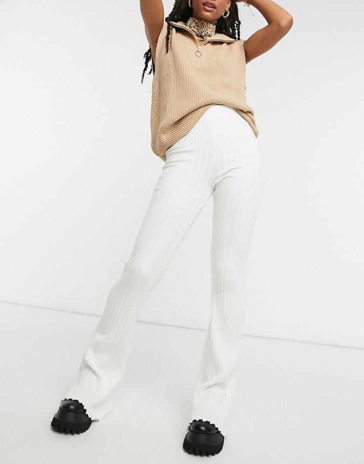 Bershka Ribbed Flare Pants In White
