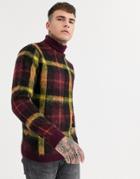 Asos Design Knitted Sweater With Roll Neck In Burgundy Check
