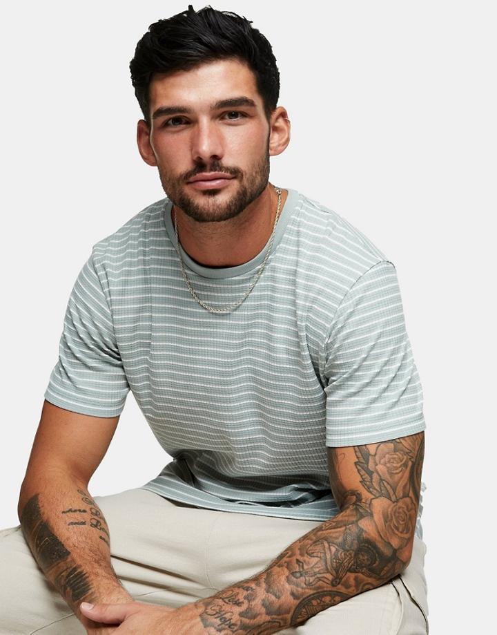 Topman Stripe T-shirt In Sage And White-green