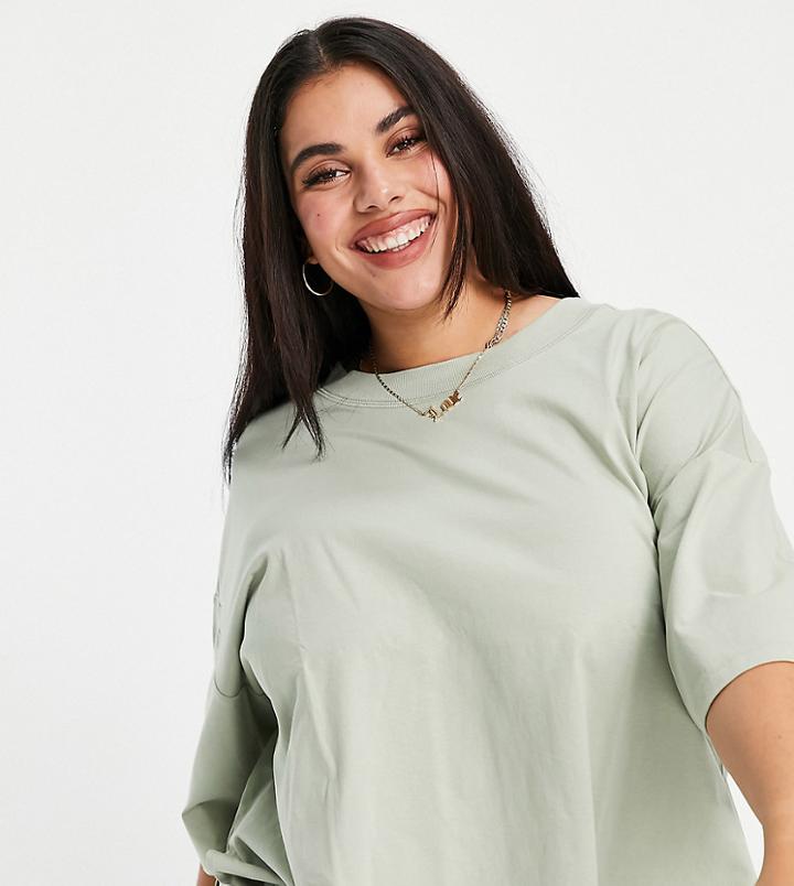 Asos Design Curve Super Oversized T-shirt With Side Split In Sage-green