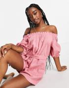 Asos Design Off Shoulder Crinkled Belted Romper In Blush-pink