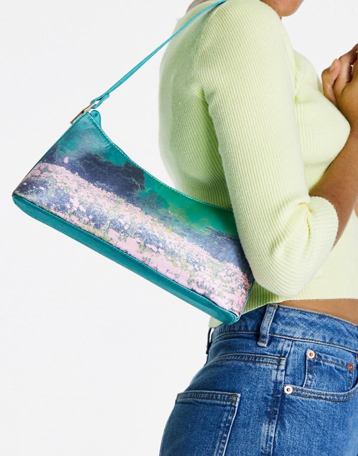 Asos Design Shoulder Bag With Hardware Tabs In Satin Scenic Print-multi