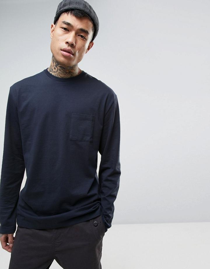 Asos Longline Long Sleeve T-shirt With Pocket In Washed Black - Navy