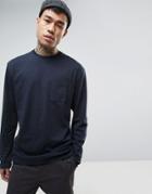Asos Longline Long Sleeve T-shirt With Pocket In Washed Black - Navy