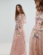 Asos Wedding Floral Embroidered Dobby Mesh Flutter Sleeve Maxi Dress - Multi