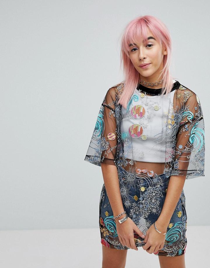 Ragyard T-shirt Dress In Space Embroidered Mesh - Black