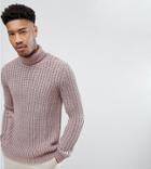 Asos Tall Heavyweight Fisherman Rib Roll Neck Sweater In Faded Pink - Pink