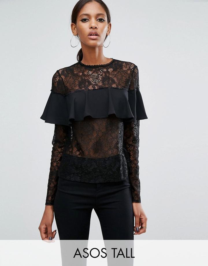 Asos Tall Delicate Lace Top With Ruffle - Black