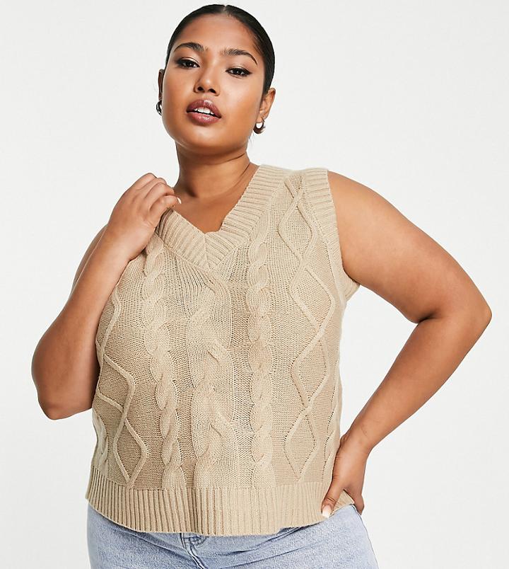 Yours Cable Knitted Vest In Camel-neutral