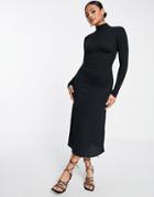 Asos Design High Neck Long Sleeve Midi Dress With Tie Back In Black