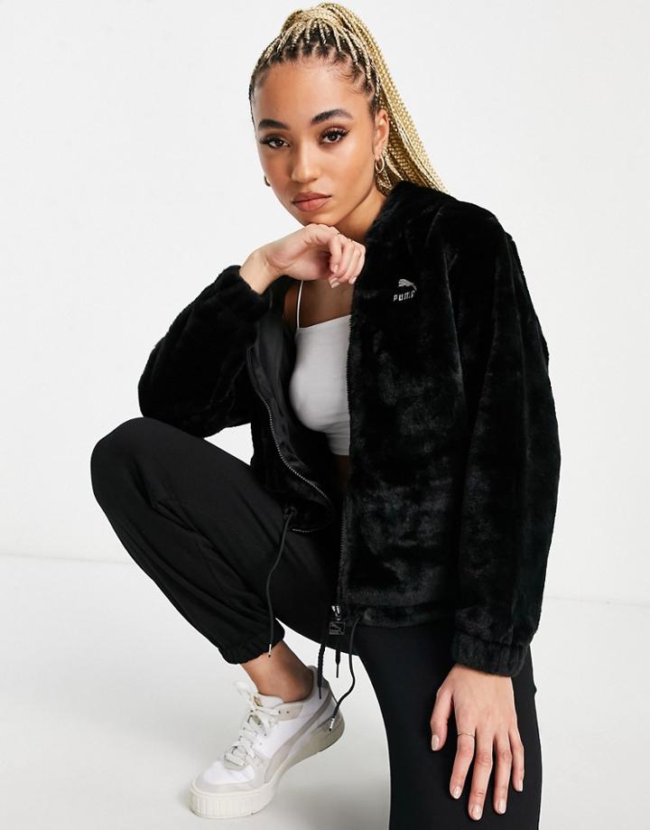 Puma Classics Faux Fur Zip Through Hoodie In Black