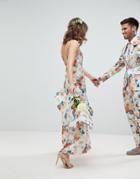 Asos Wedding Ruffle Hem Pinny Bodice Maxi Dress In Pretty Floral Print - Multi