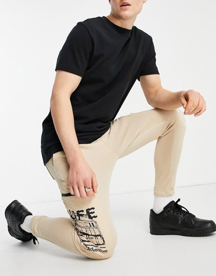 Bershka Cargo Sweatpants With Printed Pockets In Tan-brown