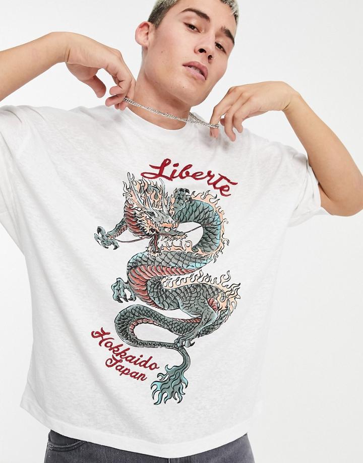 Asos Design Oversized T-shirt With Dragon Front Print In Linen Look-white