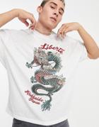 Asos Design Oversized T-shirt With Dragon Front Print In Linen Look-white