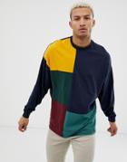 Asos Design Organic Oversized Longline Long Sleeve T-shirt With Grid Color Block In Navy - Navy