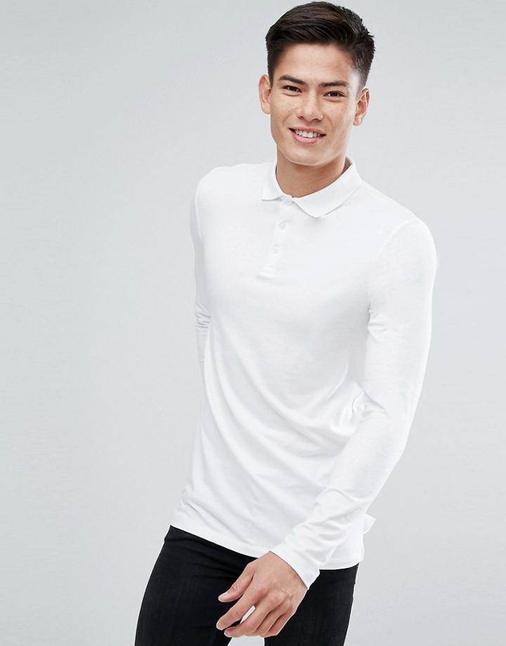 Asos Longline Muscle Long Sleeve Polo In Jersey - White