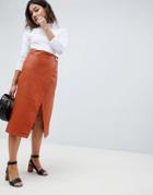 Asos Design Leather Look Wrap Midi Skirt - Multi