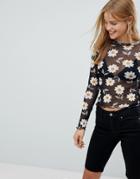 Nobody's Child Long Sleeve Top In Floral Mesh - Black